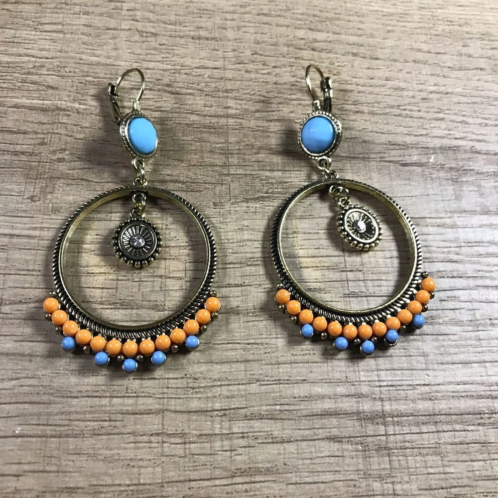Bohemian Elegant Blue and Orange Hoop Earrings